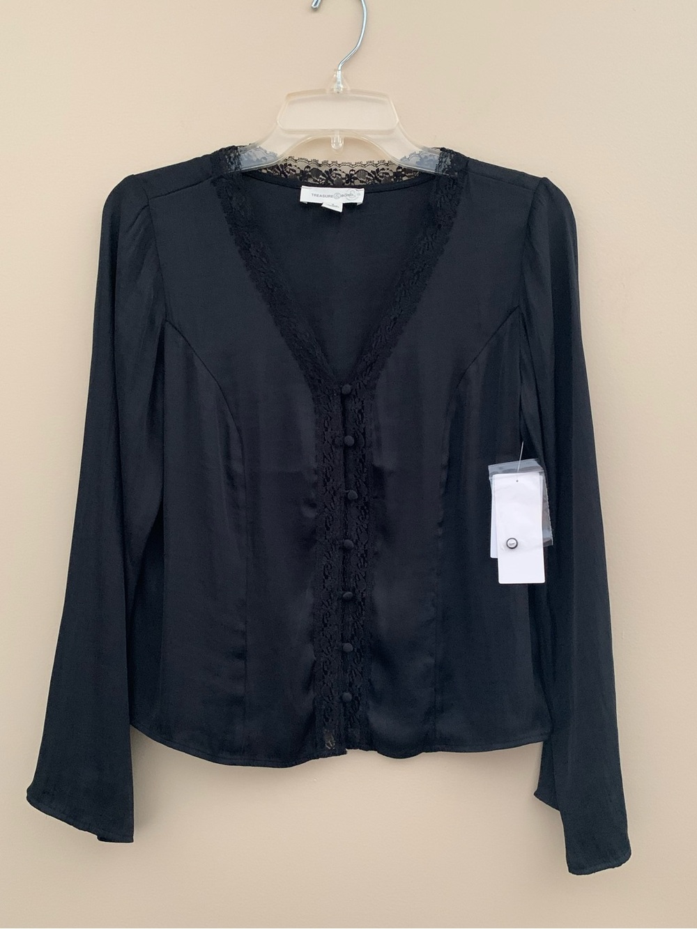 Treasure & Bond lace trim satin button-up black top with V neckline  Size S